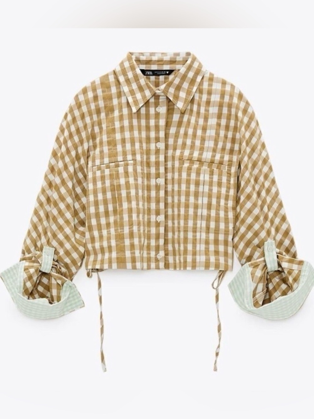 Zara Cropped Gingham Print Button Up Crop Top Cinched Waist in Mustard